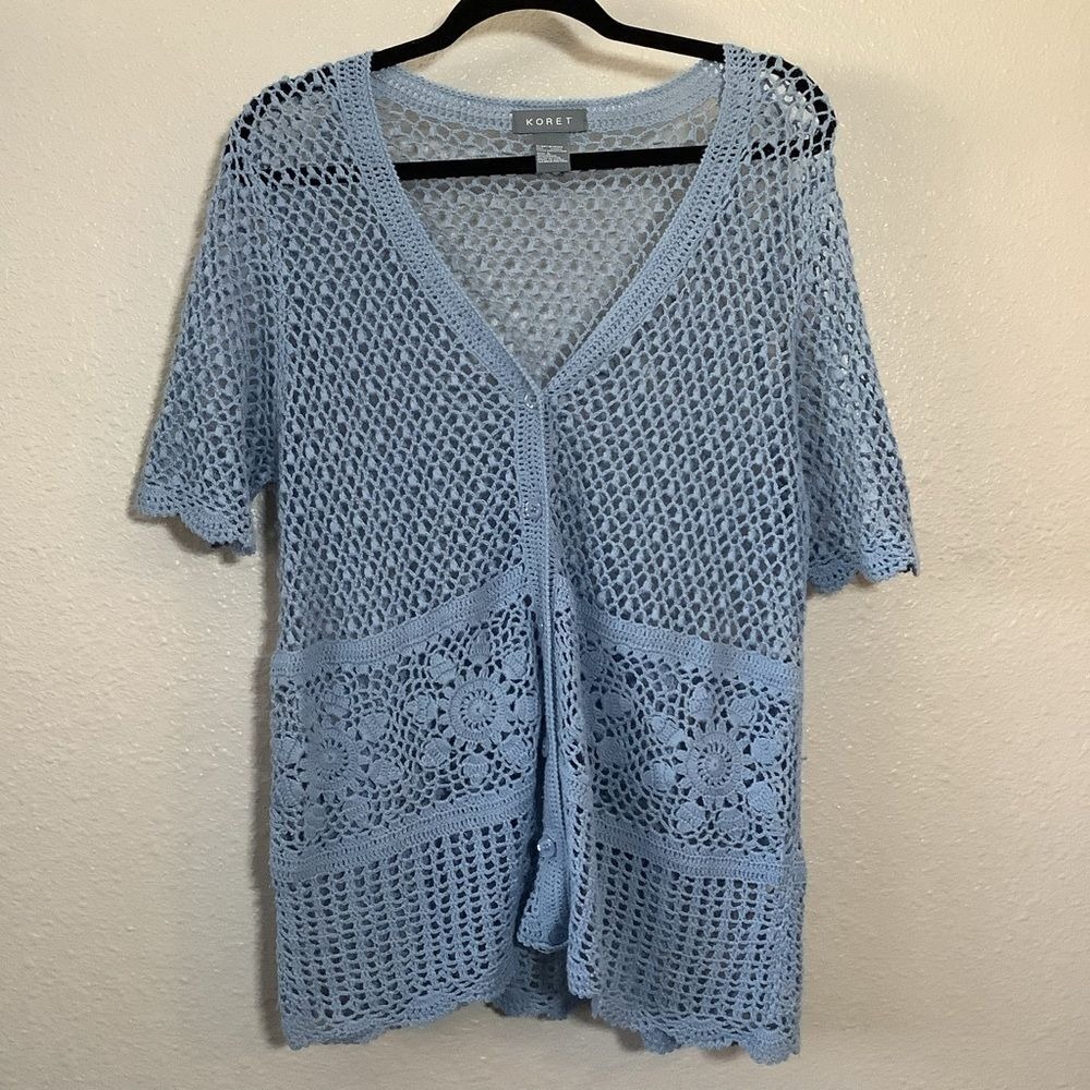 Blue Crochet Cardigan Large Y2K Cottagecore Retro Open Knit Grannycore Bohemian